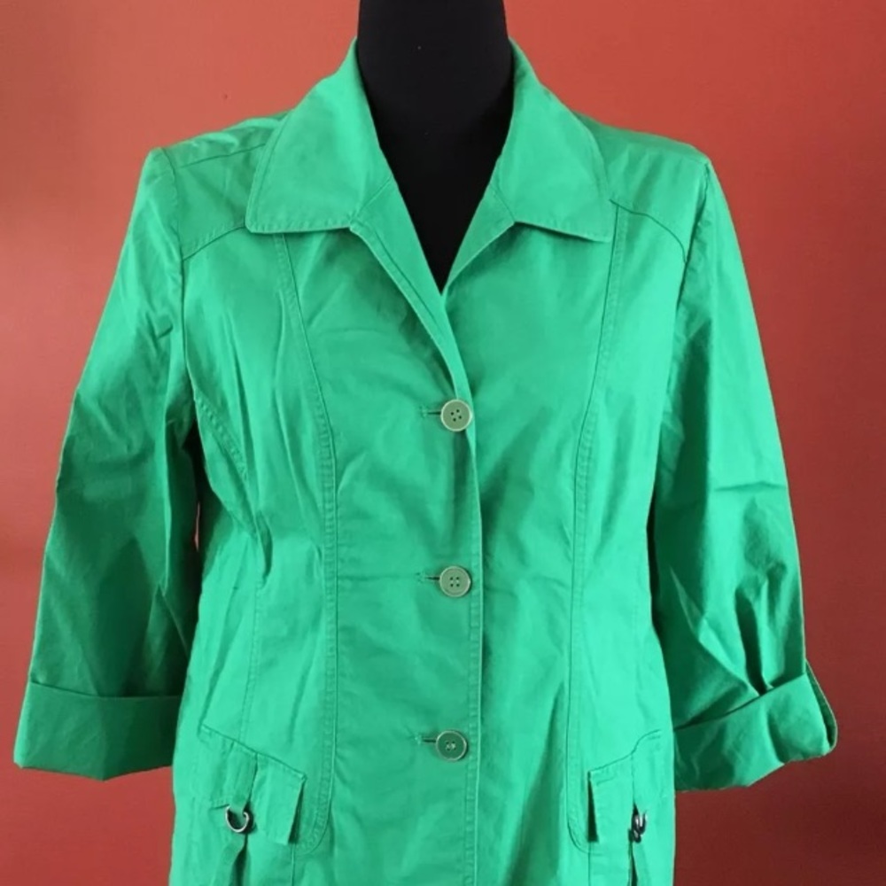 Chico’s Sz 1 Green Jacket Cotton Blend 3/4 Sleeve